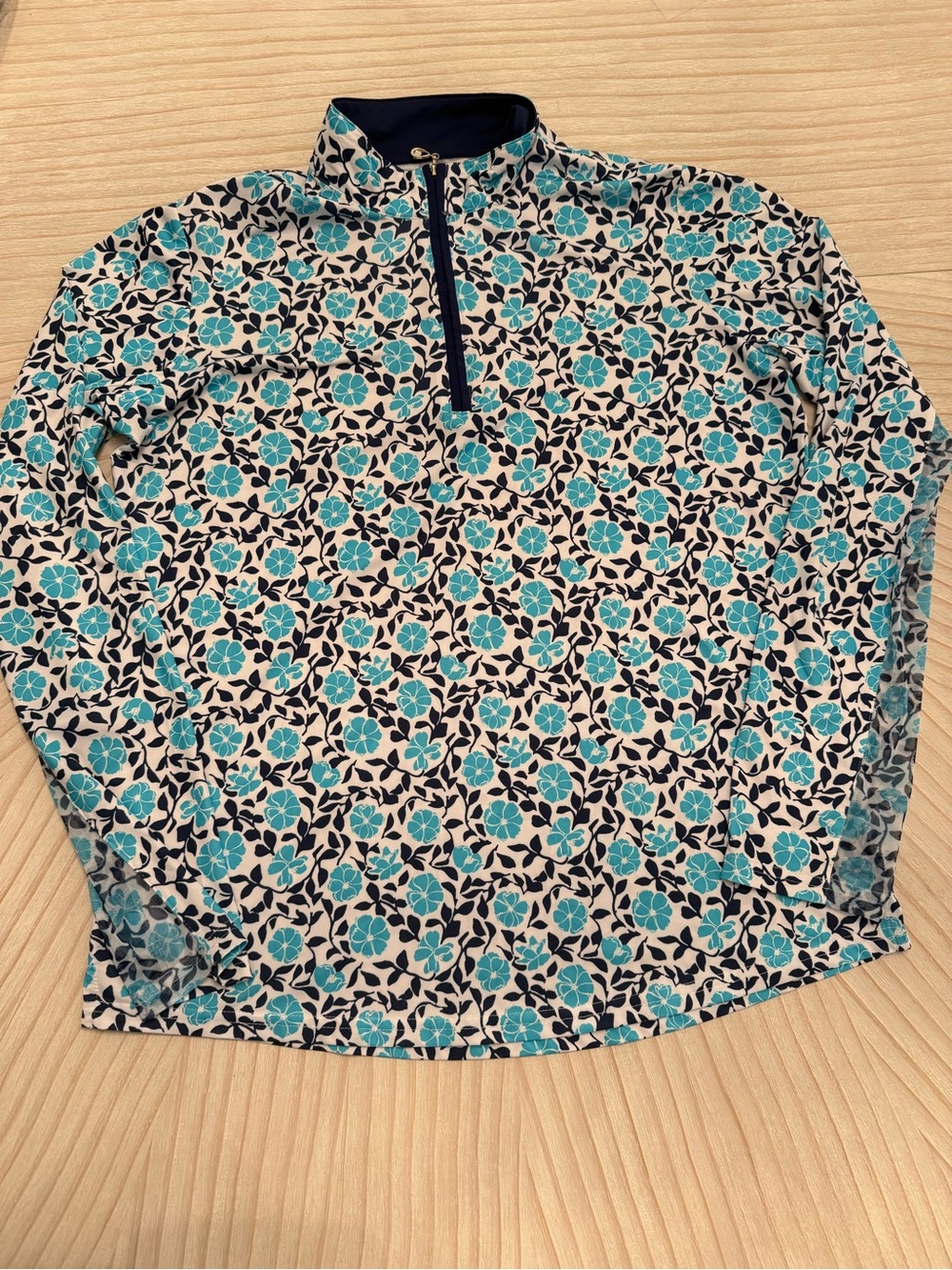 SanSoleil Long Sleeve Floral Quarter-Zip Top in Teal and Navy UV50